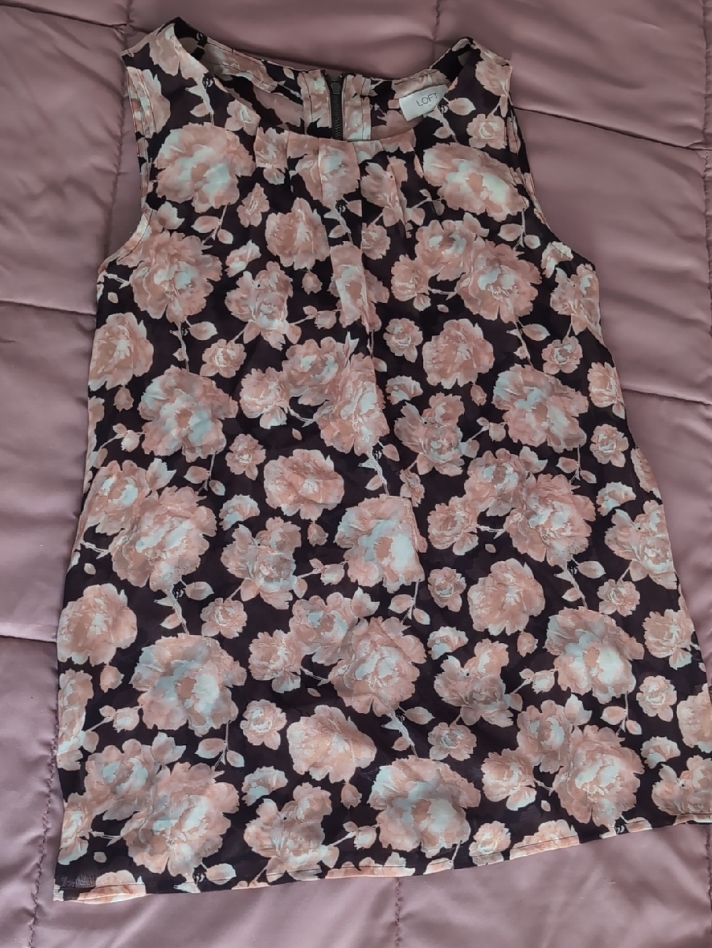 LOFT Small Blush Floral Sleeveless Tank Brown Shear Zip Back Scoop Neck
